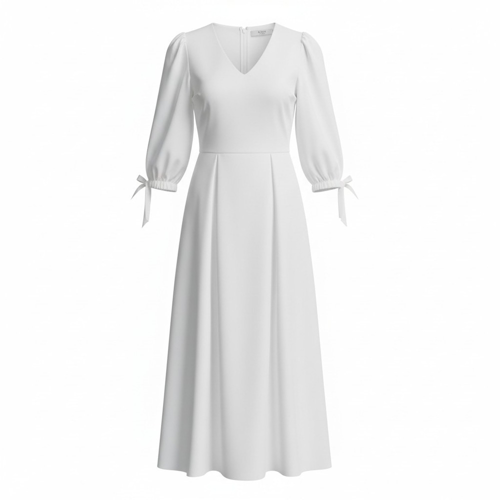 Sea New York Women Dress White Puff Sleeve Tie Cuff Pleated Cotton Romantic Maxi
